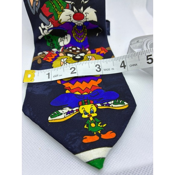 Vintage Looney Tunes Posse Tie Mens Navy Blue Hip Hop Taz Bugs Bunny 90s Retro - Picture 2 of 9